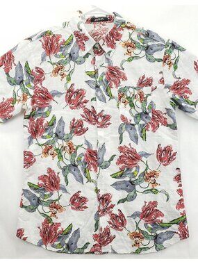 Jogal Shirt Mens Medium Red White Gray Floral Cotton Short Sleeve Button-Up